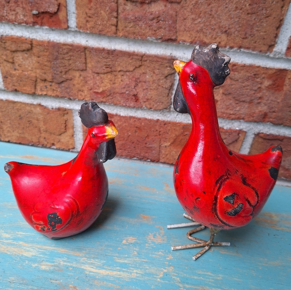 Chickens Rooster Bird Figurines Set of 2 Glazed Pottery Clay Crackled Vintage - Picture 17 of 17